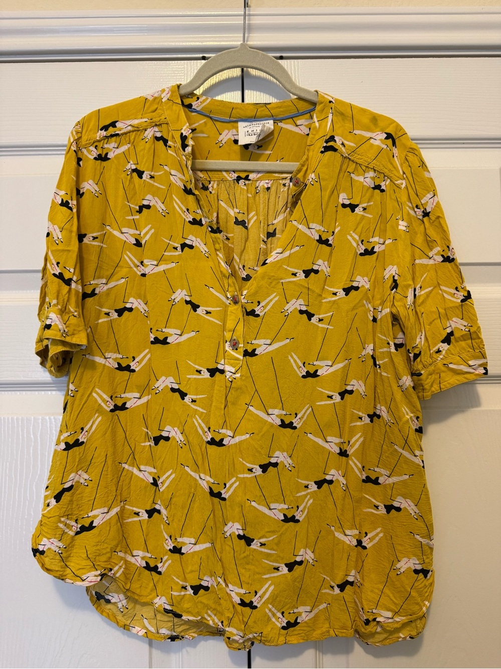 Anthropologie Mustard Yellow Printed V-Neck Blouse